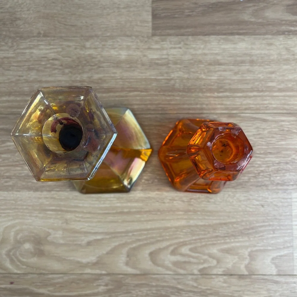 Vintage Marigold Carnival Glass & Amber Hexagonal Candlestick Holders Set of 2